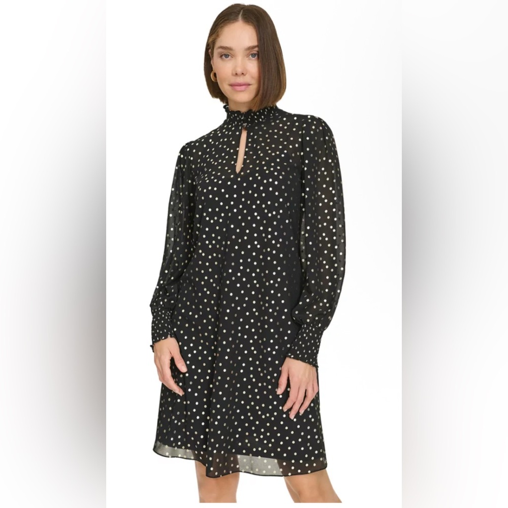 Tommy Hilfiger Keyhole Smocked Neck and Cuff Chiffon Shift Dress